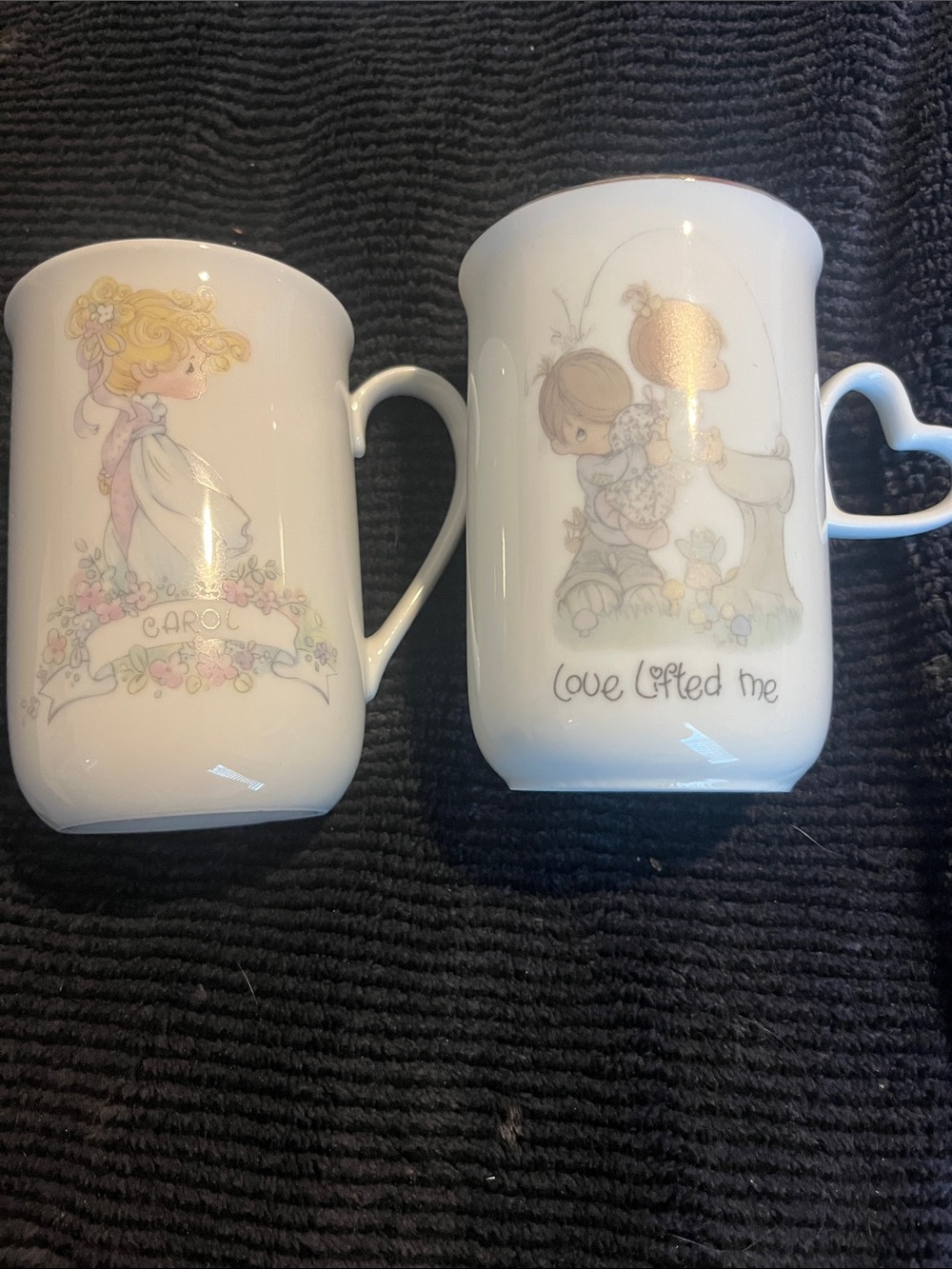 Precious Moments White Porcelain Mugs with Pastel Illustrations (Pair)